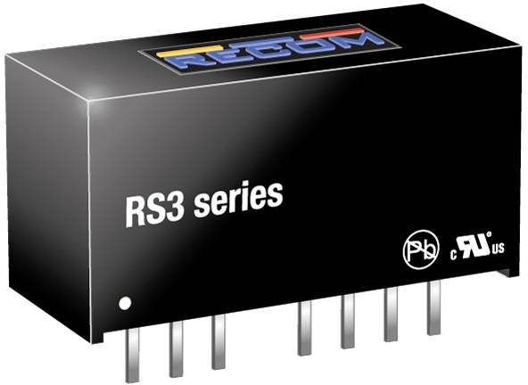 Rectangular electronic component from the RS3 series by Recom, featuring six pins and markings indicating safety and performance specifications.