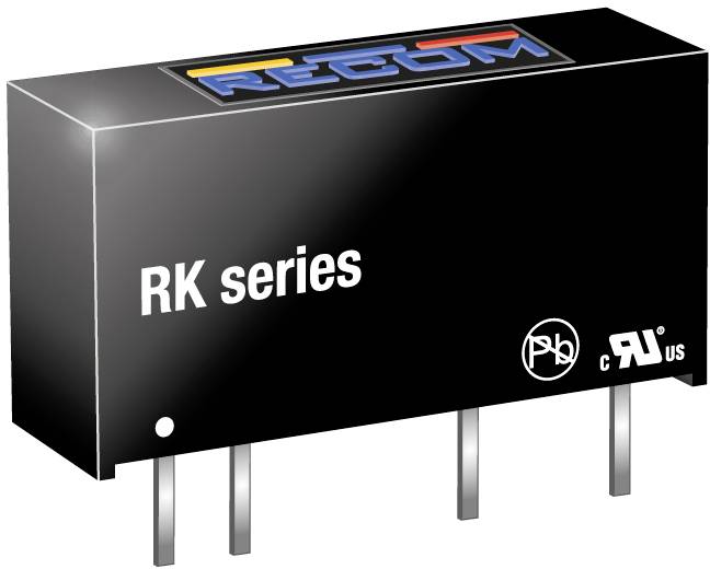 Black electrical component with 'RK series' text and a blue and red logo. Four pins are protruding.