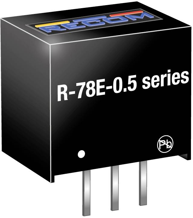 Black electrical component with R-78E-0.5 series labelling, three protruding connections at the bottom.