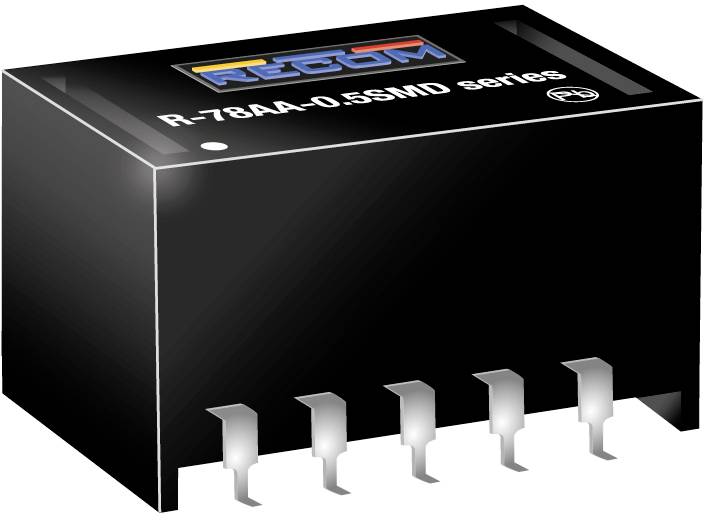 The image shows a black electronic component with six metal pins, identified as part of the R-78AA-0.5SMD series by RECOM.