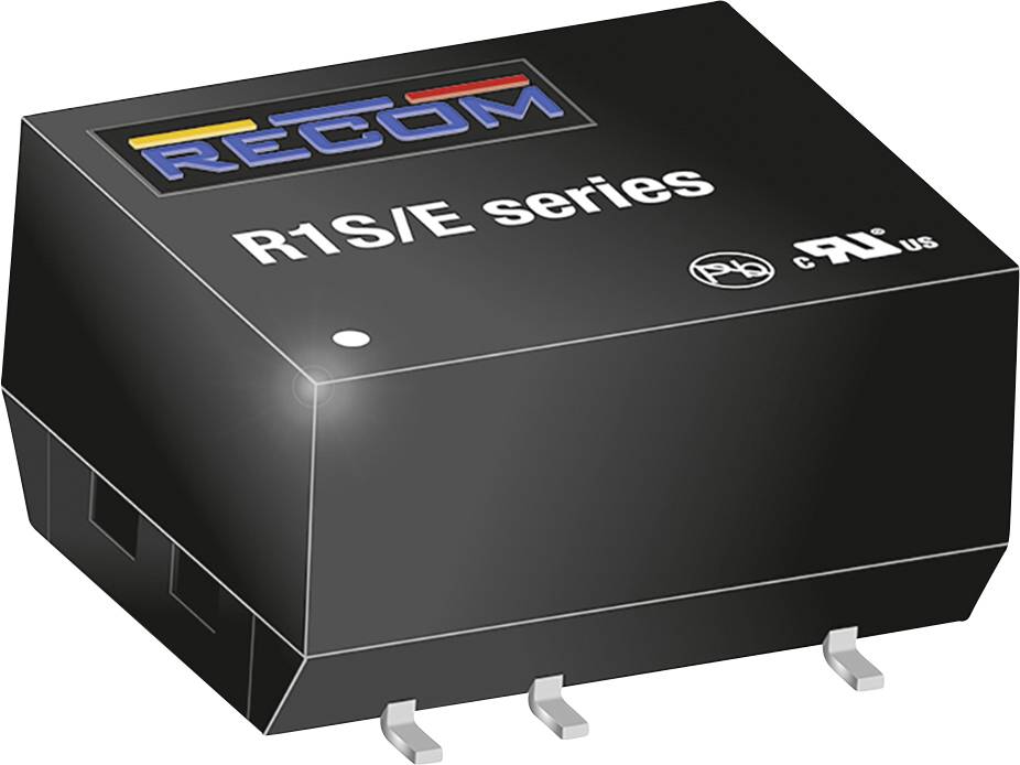 'RECOM R1S/E series' voltage transformers in a black housing with trademark and certifications printed on the surface.