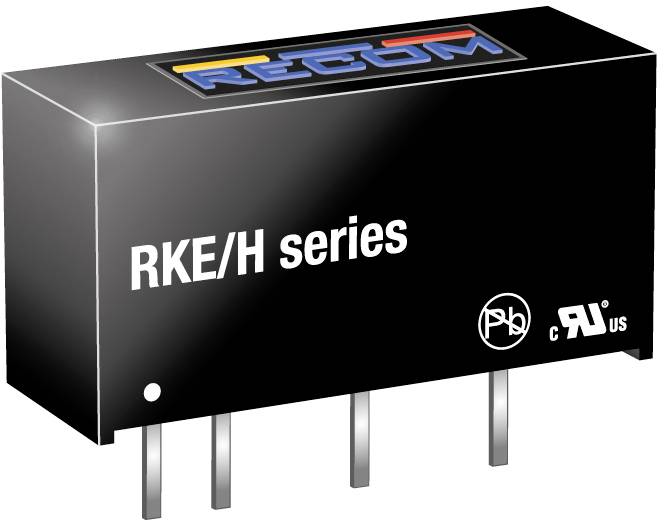 Black electronic component with 'RKE/H series' inscription and multiple metal pins underneath, logo on top.