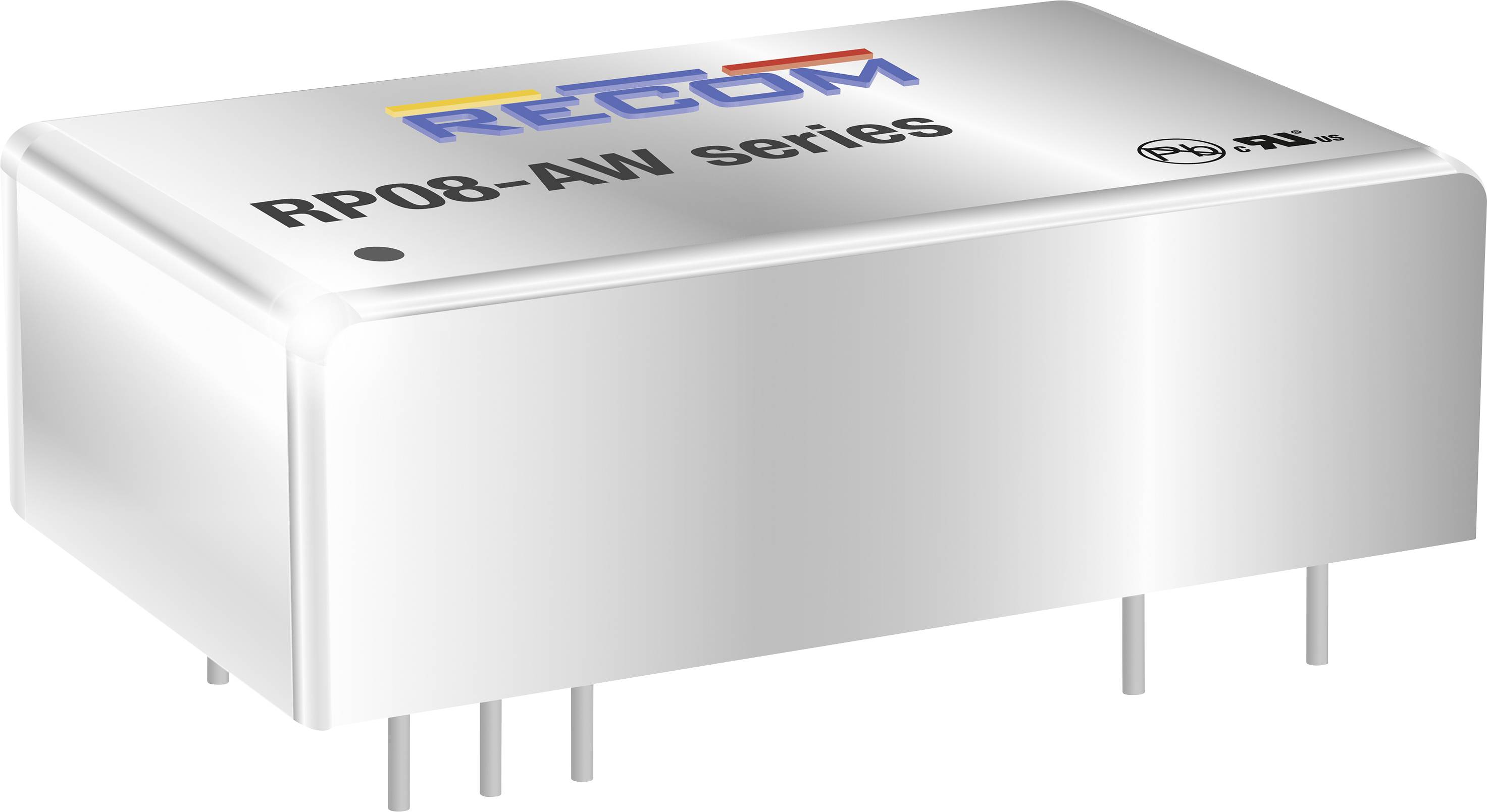 DC-DC converter module from the 'RP08-AW Series' by RECOM, silver housing with multiple pins on the underside, suitable for electronic applications.