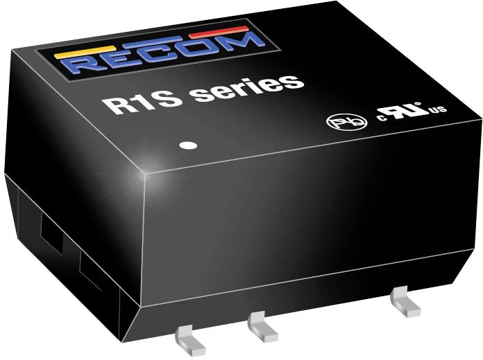 R1S Series Module from RECOM. Black, rectangular component with three connection pins, suitable for electronic applications.