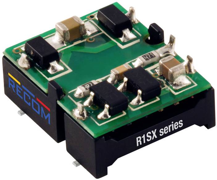 'R1SX series' miniature DC/DC converter module from RECOM, compact design with surface-mounted components on green printed circuit board.
