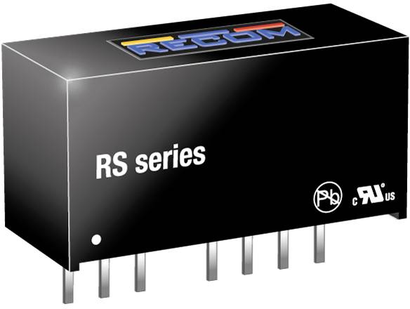Black RECOM RS series voltage converter, rectangular with multiple connection pins and certifications on the side.