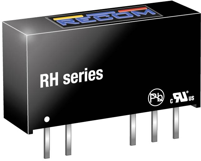 'RH series' black rectangular electronic component chip with four metal pins, brand name visible on top.