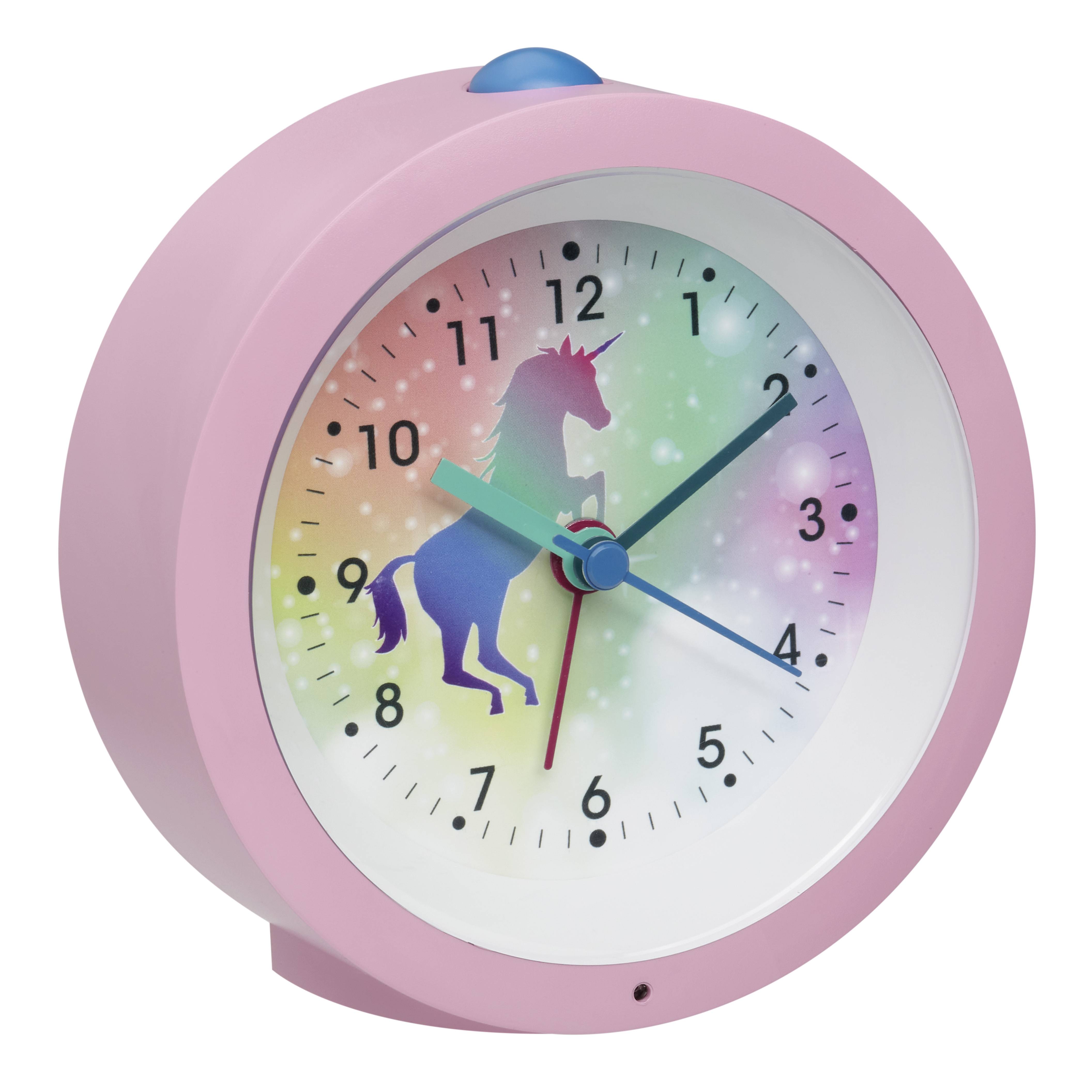 Pink unicorn-themed clock with a dial showing 10 o'clock. Colourful background with numbers from 1 to 12.