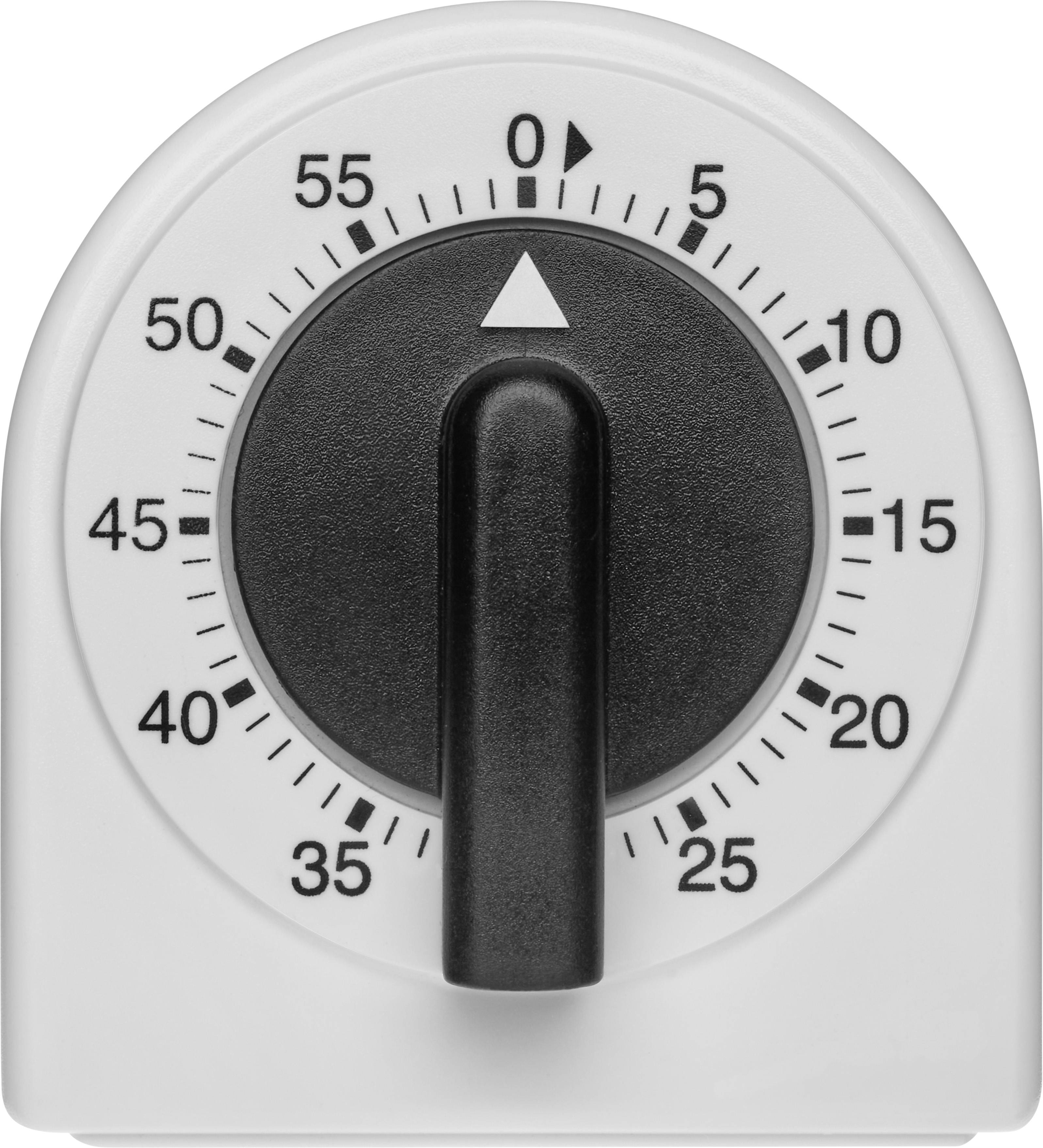A kitchen timer with a dial, set to 0 minutes. Target pointer at the top pointing to 0. Large black rotary knob in the centre.