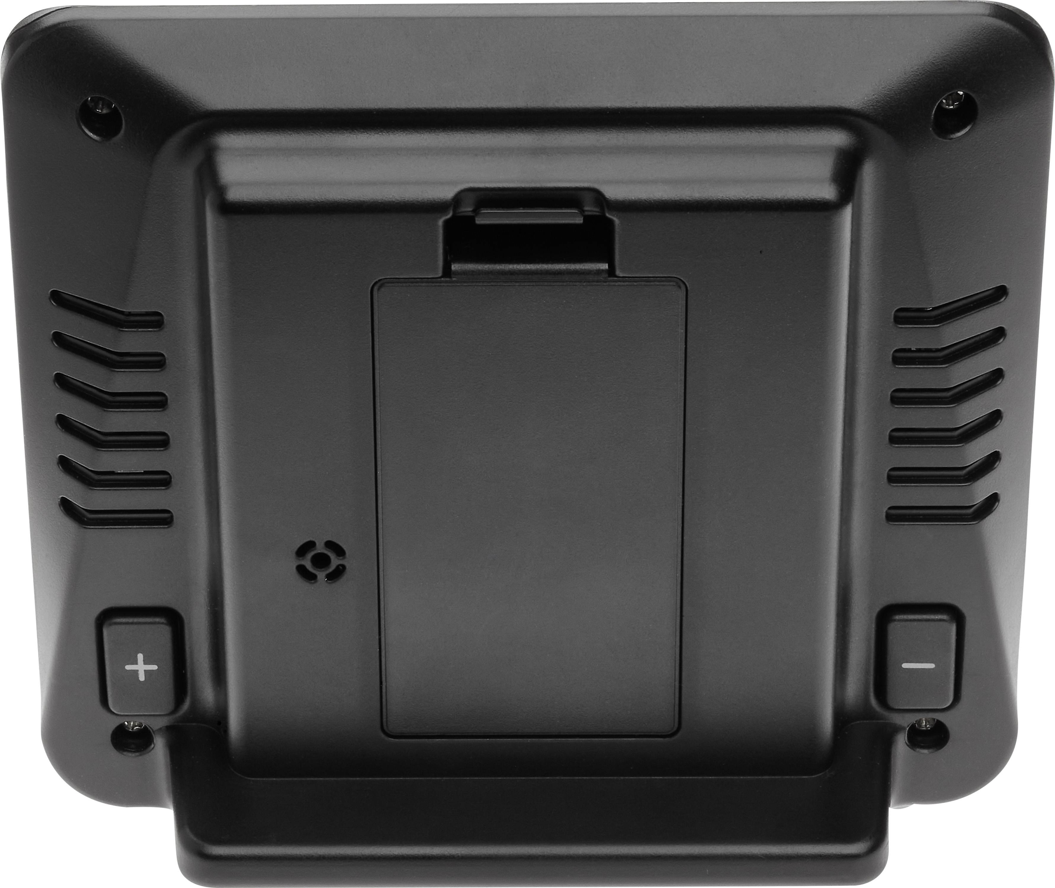 Rear view of a black electronic device with plus and minus buttons on the sides and a battery compartment in the centre.