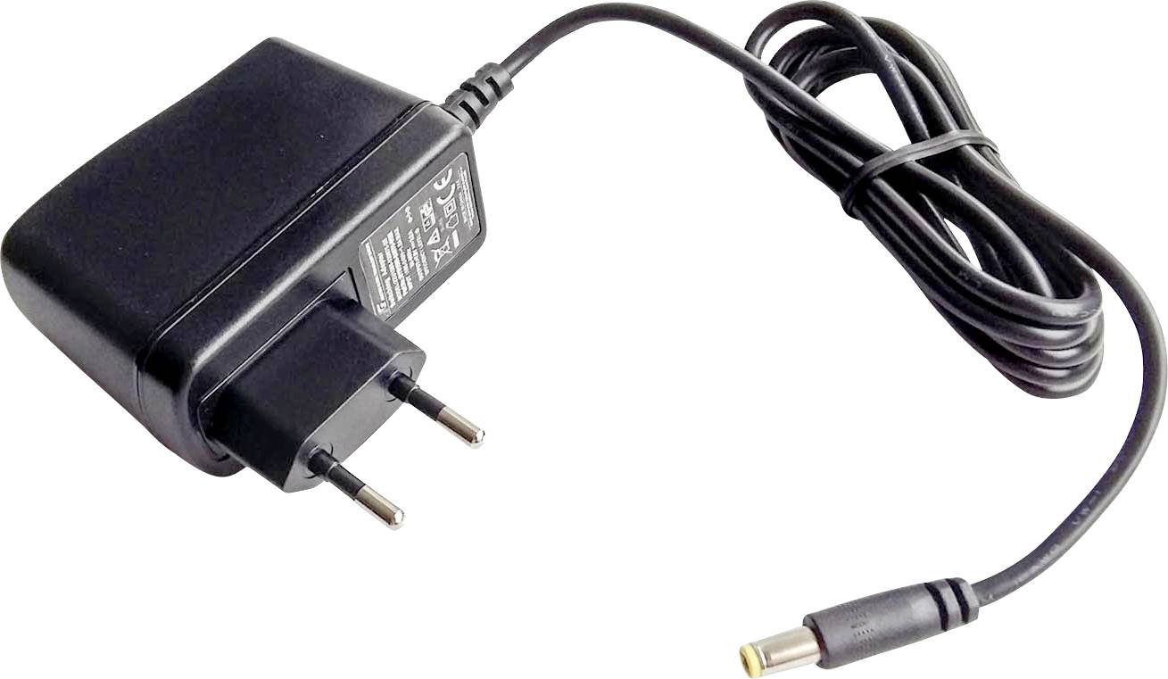 A black power supply with a two-pin EU plug and long cable, terminating in a round DC connector.