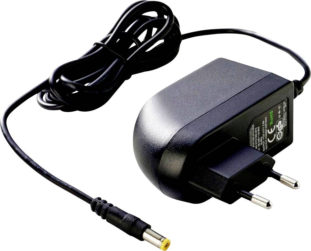 A black power supply with European plug and long cable. Suitable for electronic devices.