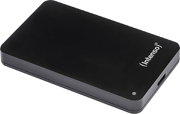 A black external hard drive with the brand name 'Intenso' on its surface, suitable for data storage and transfer.