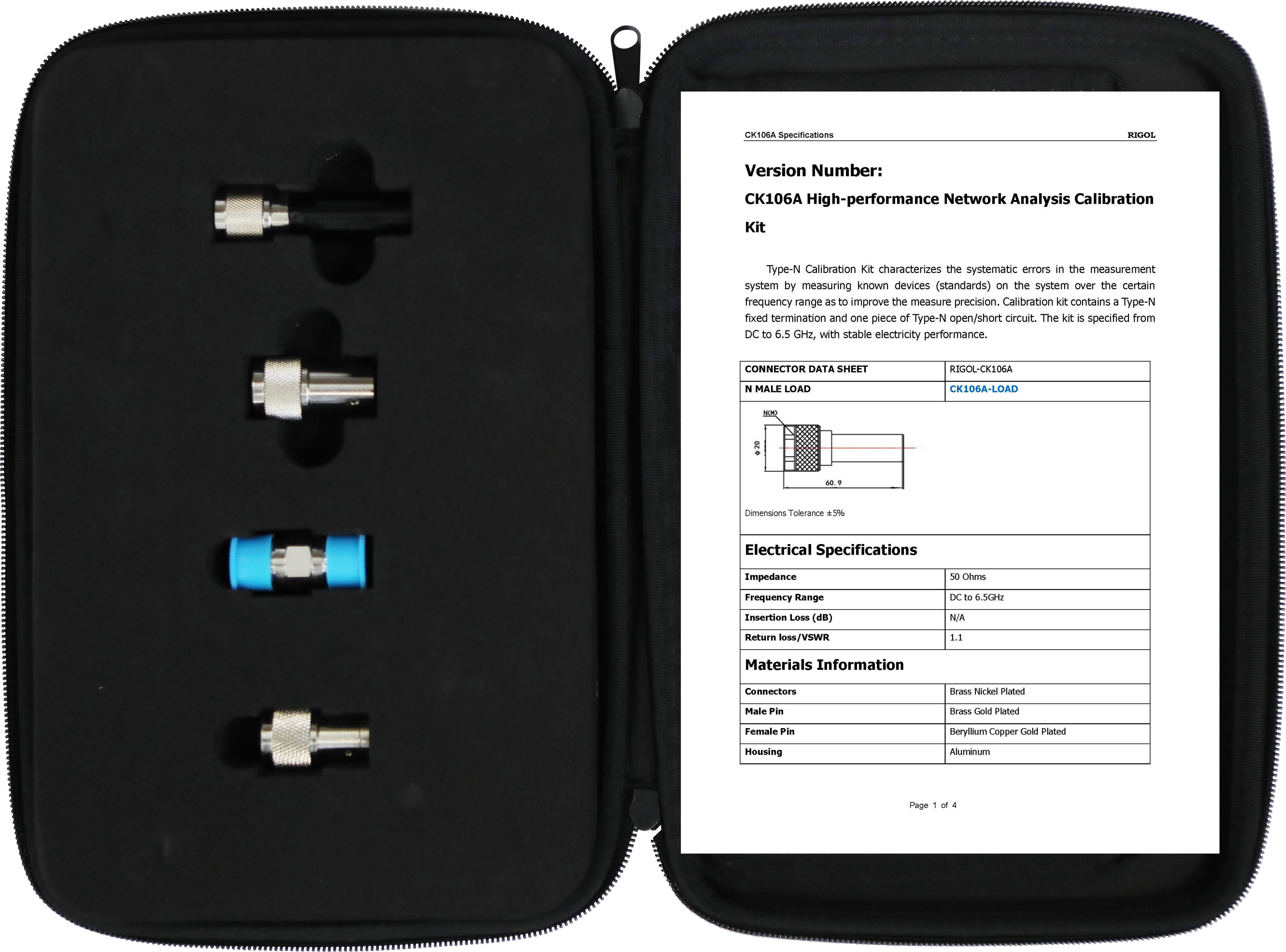 An open case displays a network analysis calibration kit with various adapters. To the right, an instruction manual with specifications and details.
