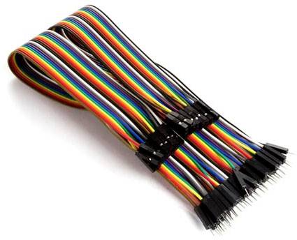 Flat ribbon cable with coloured cores and connectors. Commonly used in electronics to connect components.
