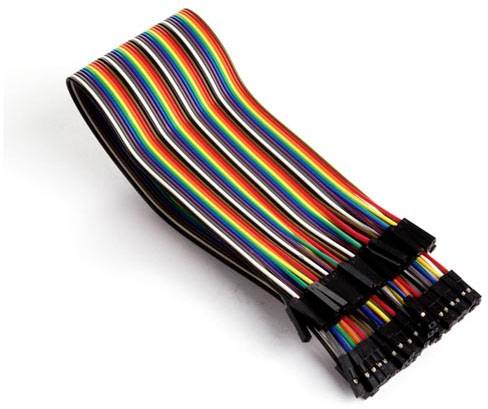 Colourful breadboard jumper wires with 40 strands in various colours, suitable for electronic wiring tasks and prototyping.