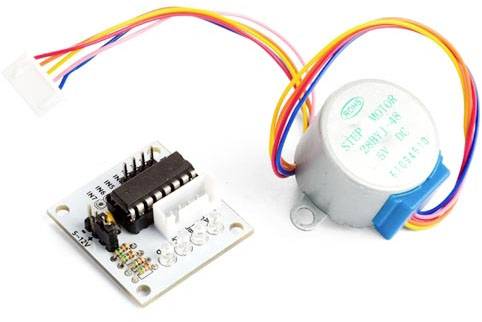 A stepper motor and control board, connected with colourful cables. The motor is labelled 'STEPP MOTOR 28BYJ-48'.