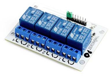 Four-channel relay module for controlling electronic devices; shows four blue relays on a white circuit board with connections.
