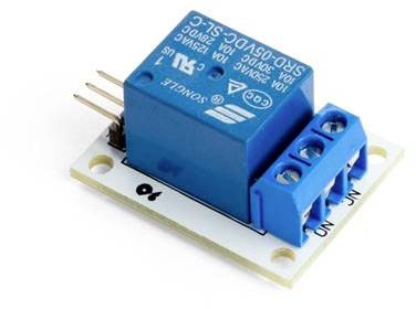 Single-pole relay module with blue plastic casing, three terminals and four pins, mounted on a white printed circuit board.