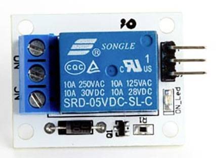 A relay module with a blue terminal block, three pin contacts on the right. Labelled 'SONGLE SRD-05VDC-SL-C'.