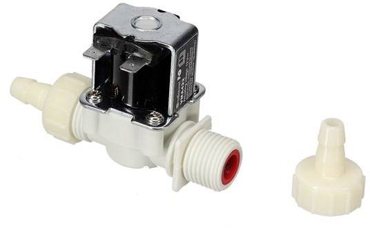 A solenoid valve made of white plastic and metal next to a removable sealing cap.