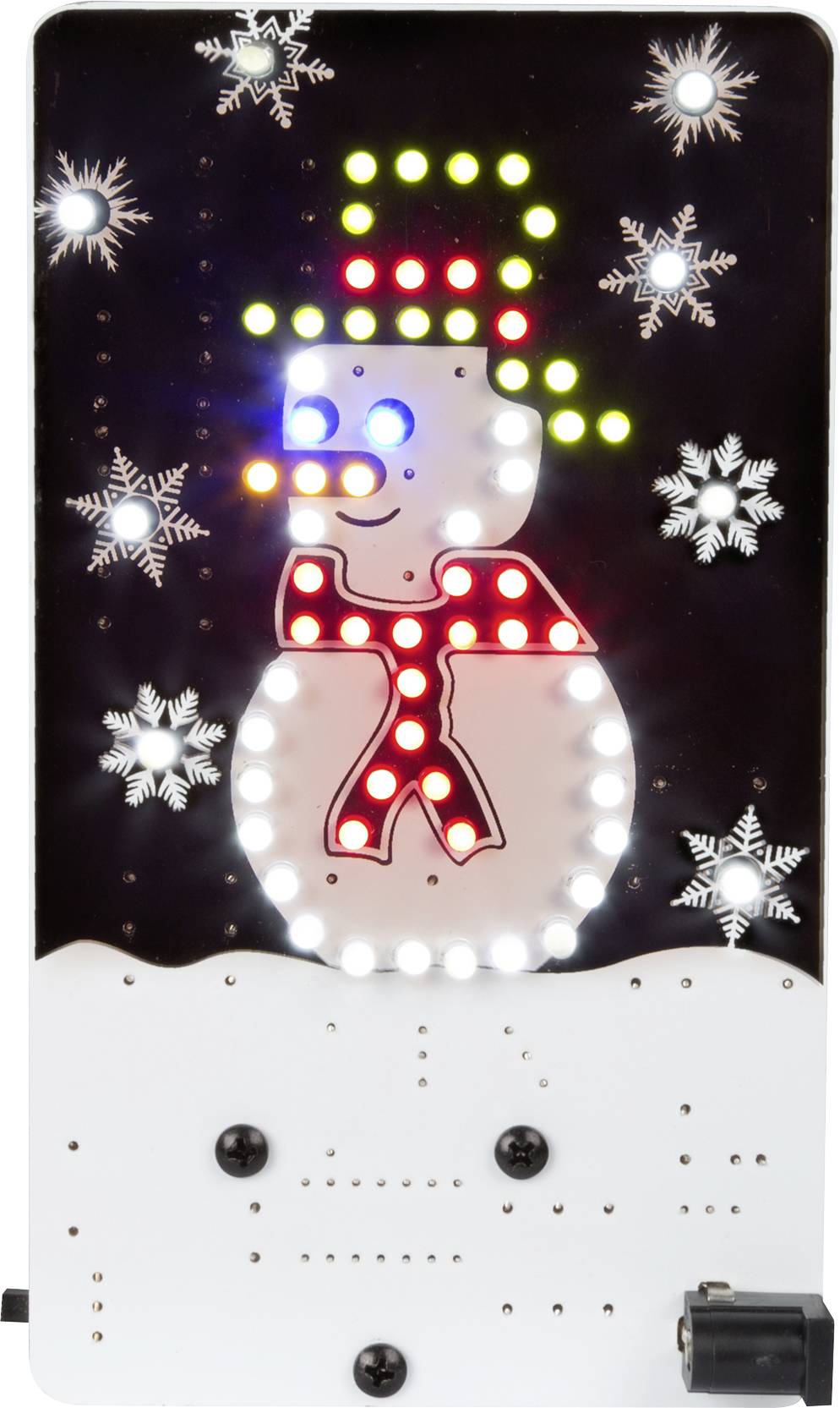 Luminous circuit board image of a snowman created with red and white LEDs, surrounded by glowing snowflakes on a black background.