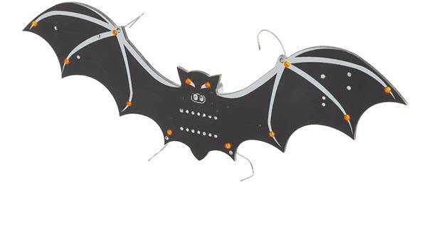 Black bat decoration with outstretched wings, adorned with orange dots and silver lines, on a white background.