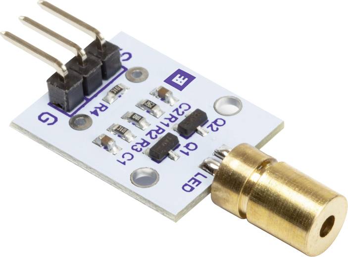 Laser module with three connection pins mounted on a small circuit board, ideal for electronics projects and precise light control.