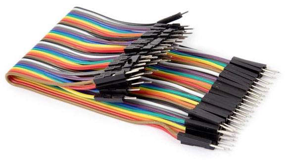 A set of multicoloured jumper wires with connectors at the ends, suitable for electronic circuits and prototype development.