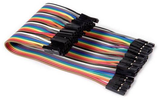 Flat ribbon cable with coloured conductors and black connectors.