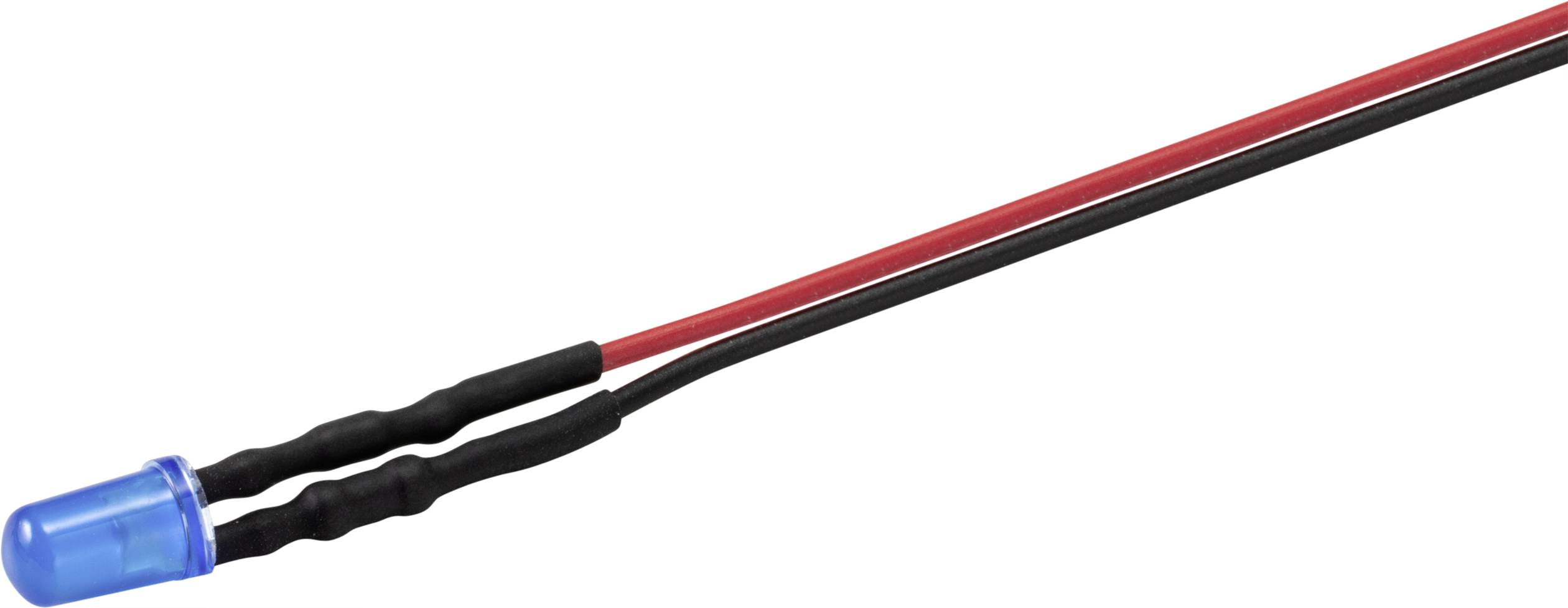 A blue LED light, connected with red and black cables.