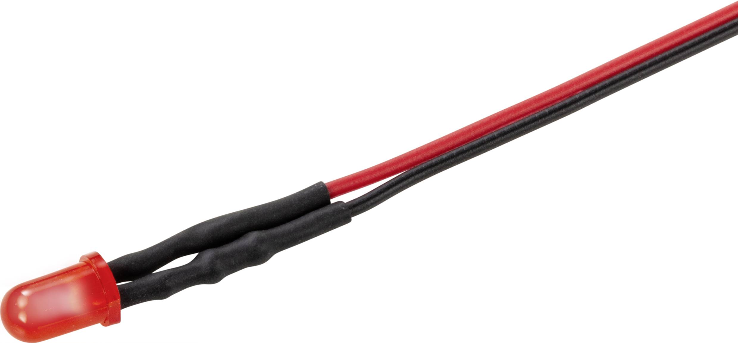 Red light-emitting diode with a red casing and two connected wires, one red and one black, for electrical applications.