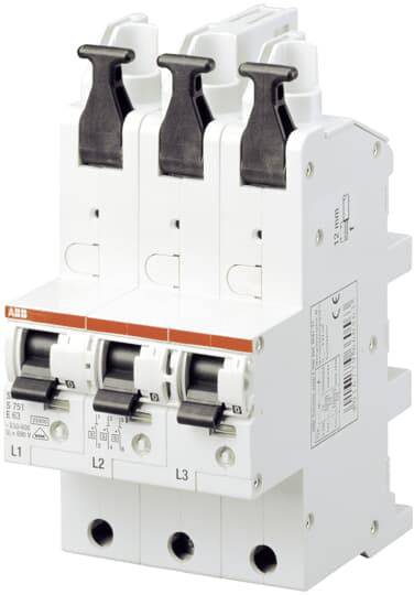 A three-pole circuit breaker for distribution and protection of electrical circuits, with toggle switches and markings L1, L2, L3.