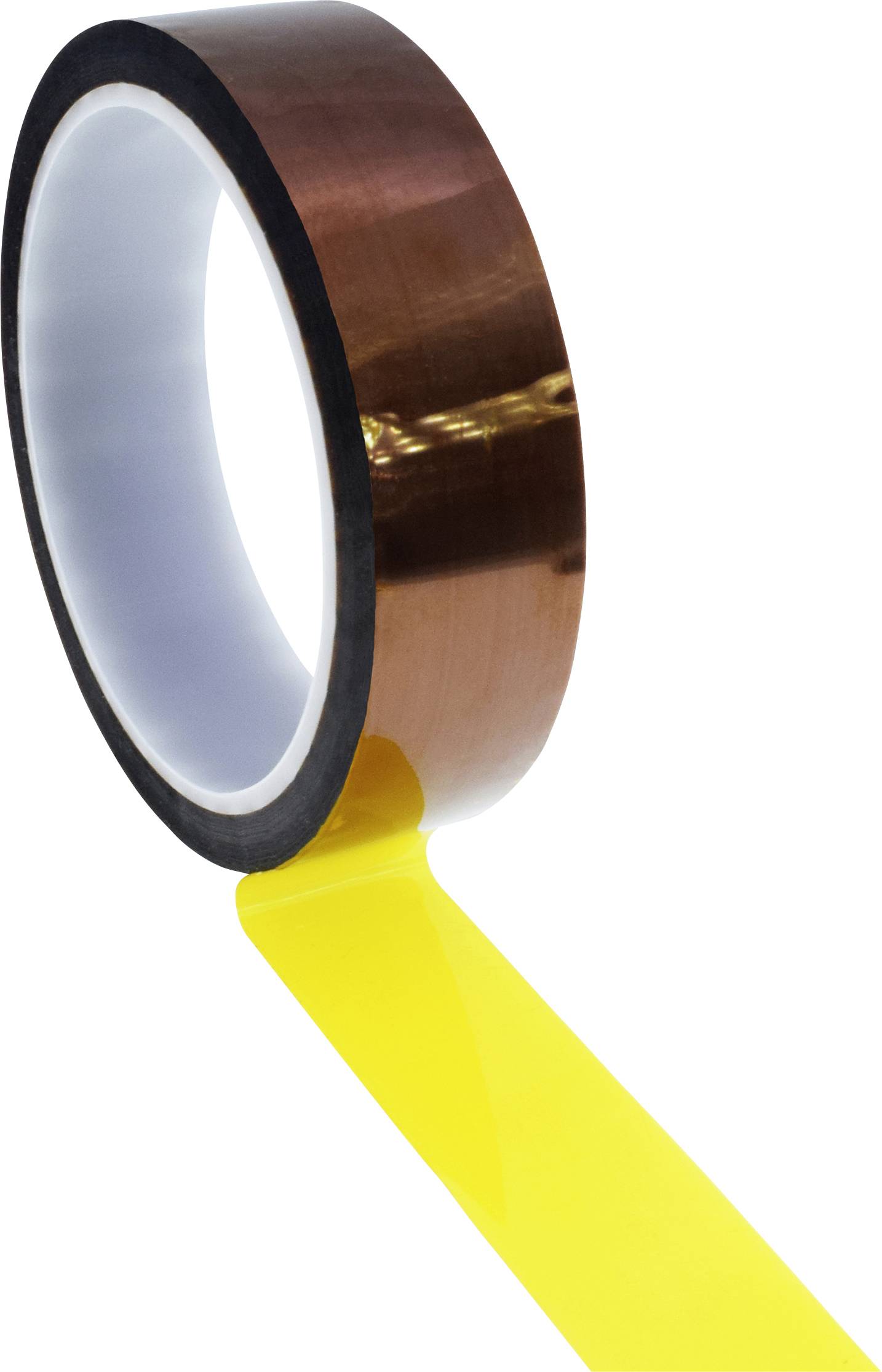 Brown adhesive tape with yellow backing film, partially unrolled and ready for use.