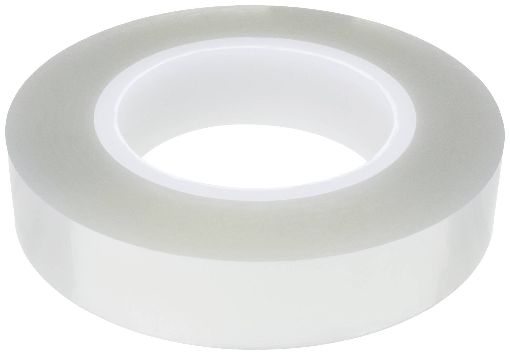 Transparent sticky tape roll with white inner core on a white background.