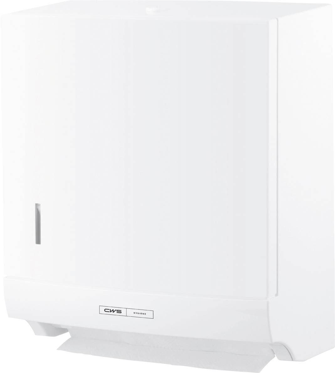 A white paper towel dispenser mounted on a wall, with a visible slot for pulling out towels and a brand logo at the bottom.