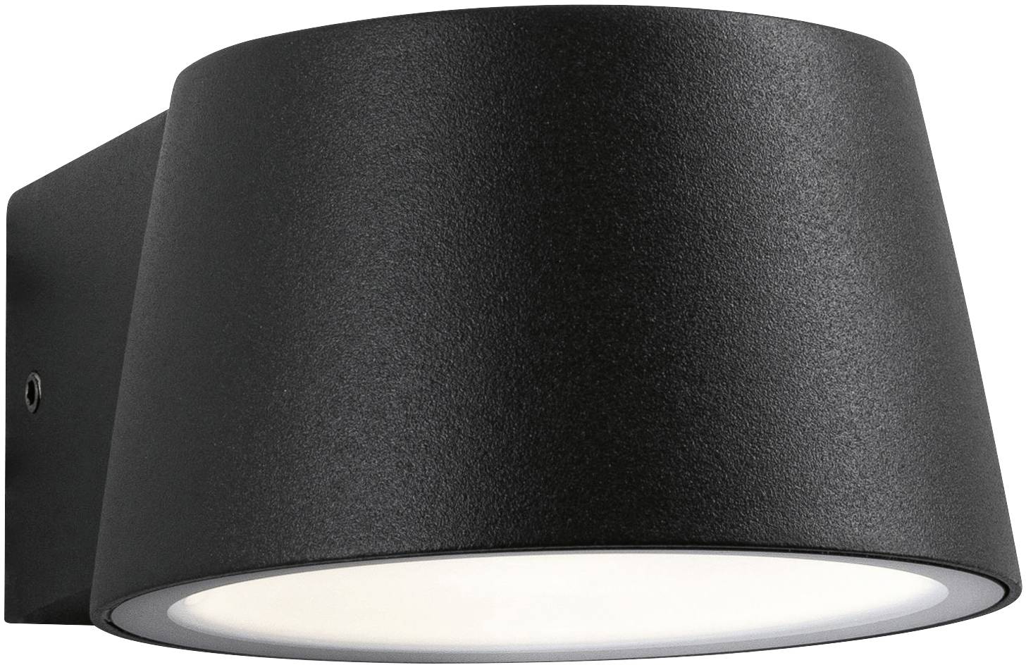 Black wall light with a circular design and white underside, mounted on a wall. It illuminates downwards.