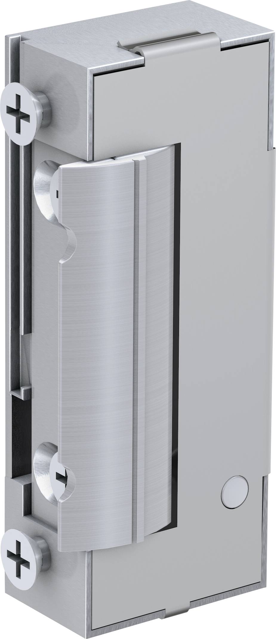 A metal electric door release with mounting screws. Suitable for use in security systems.