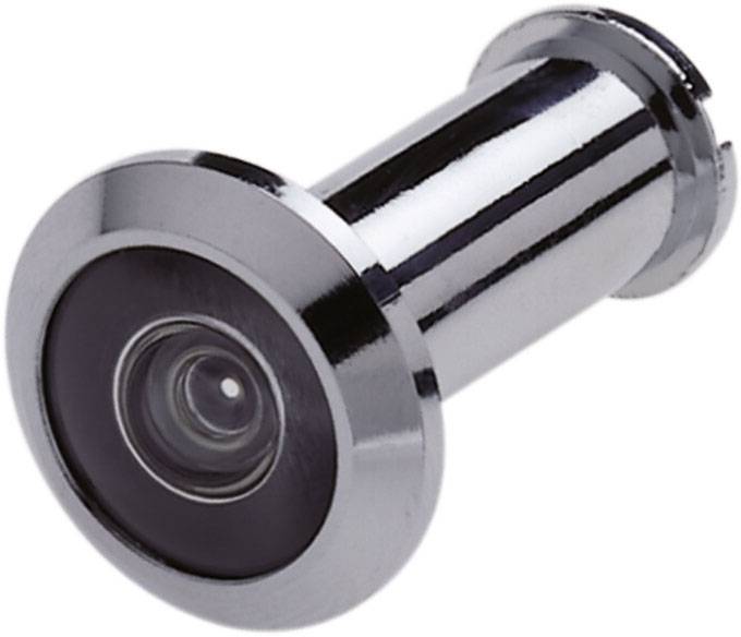 A silver metal door viewer designed for installation in doors to allow a view outside.