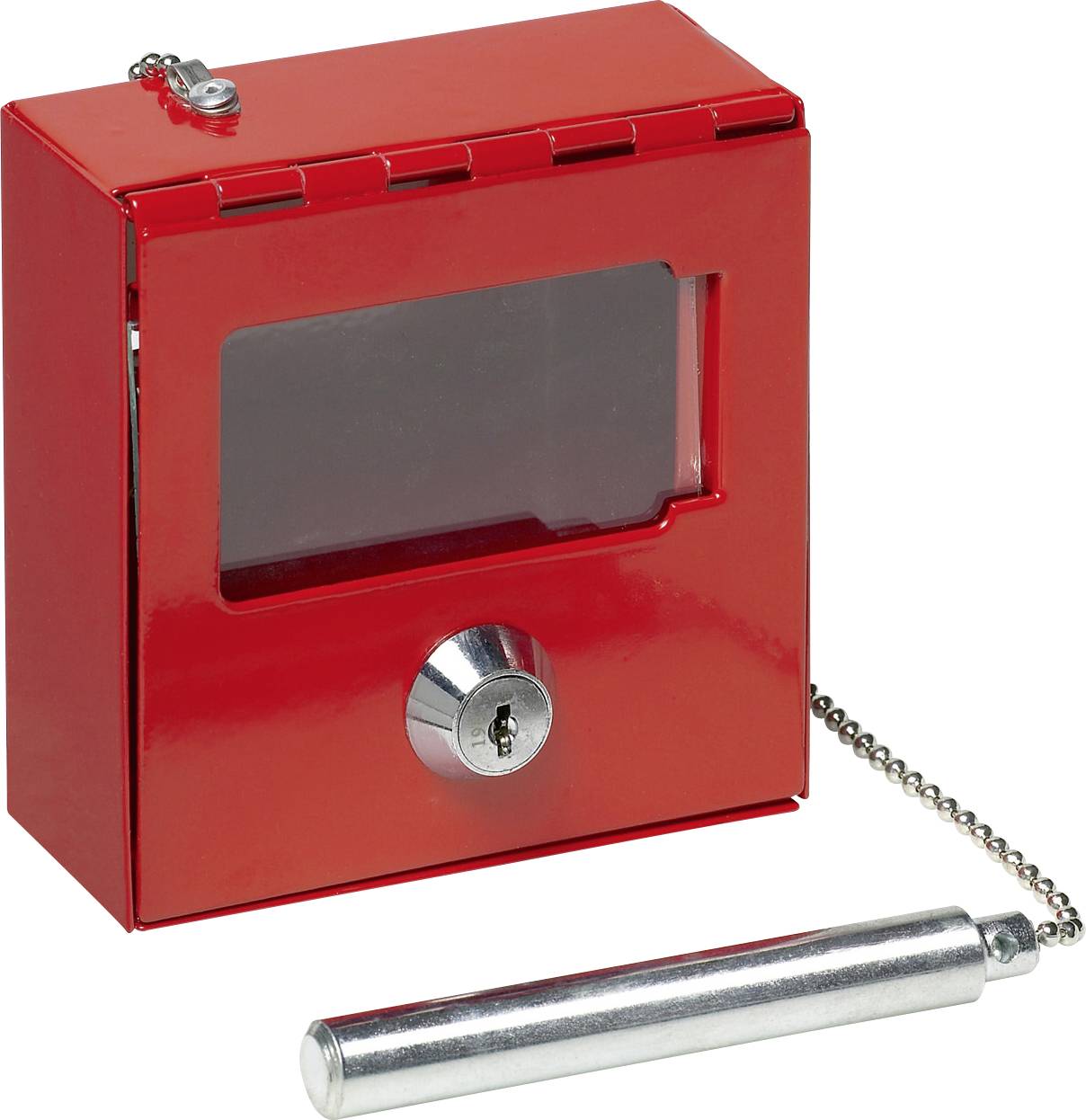 Red fire alarm cabinet with glass door, with a silver hook hanging on a chain underneath.
