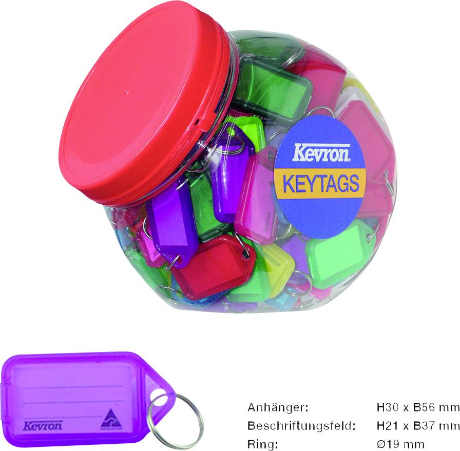 A glass container filled with colourful key rings with labelling fields. A purple key ring is depicted in the foreground.