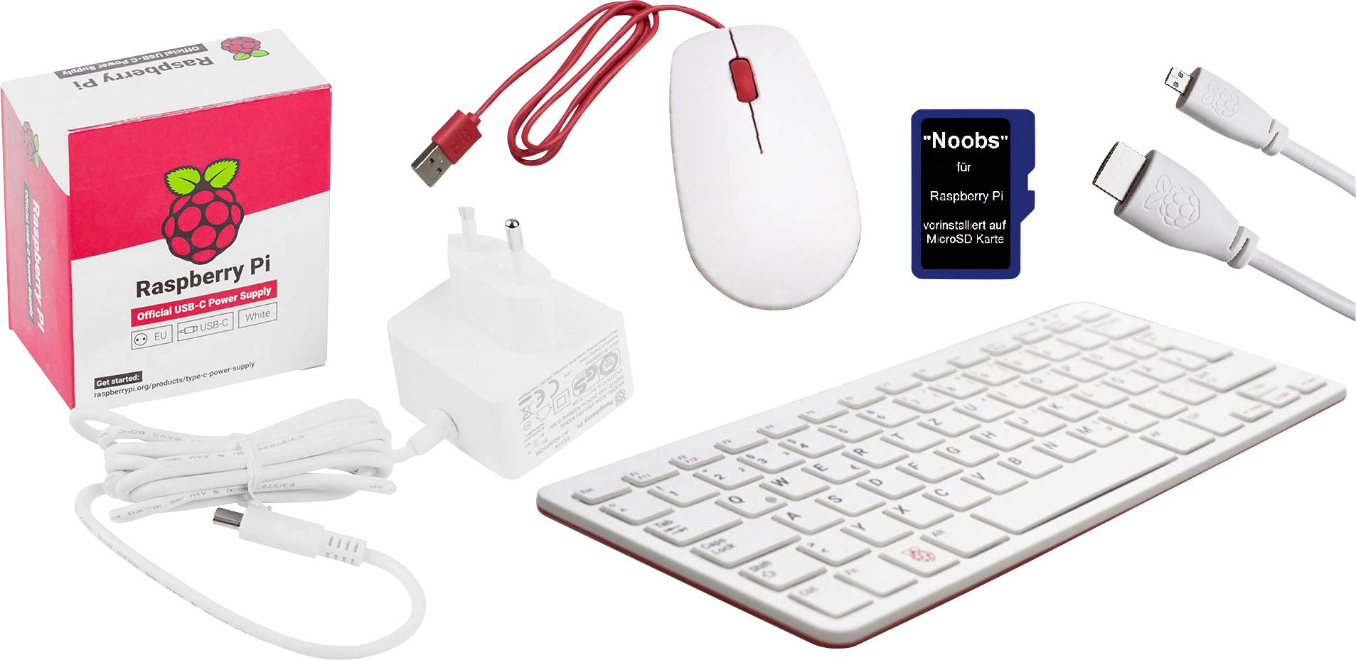 A Raspberry Pi Starter Kit with keyboard, mouse, USB cable, power adapter and microSD card. Perfect for computer projects.