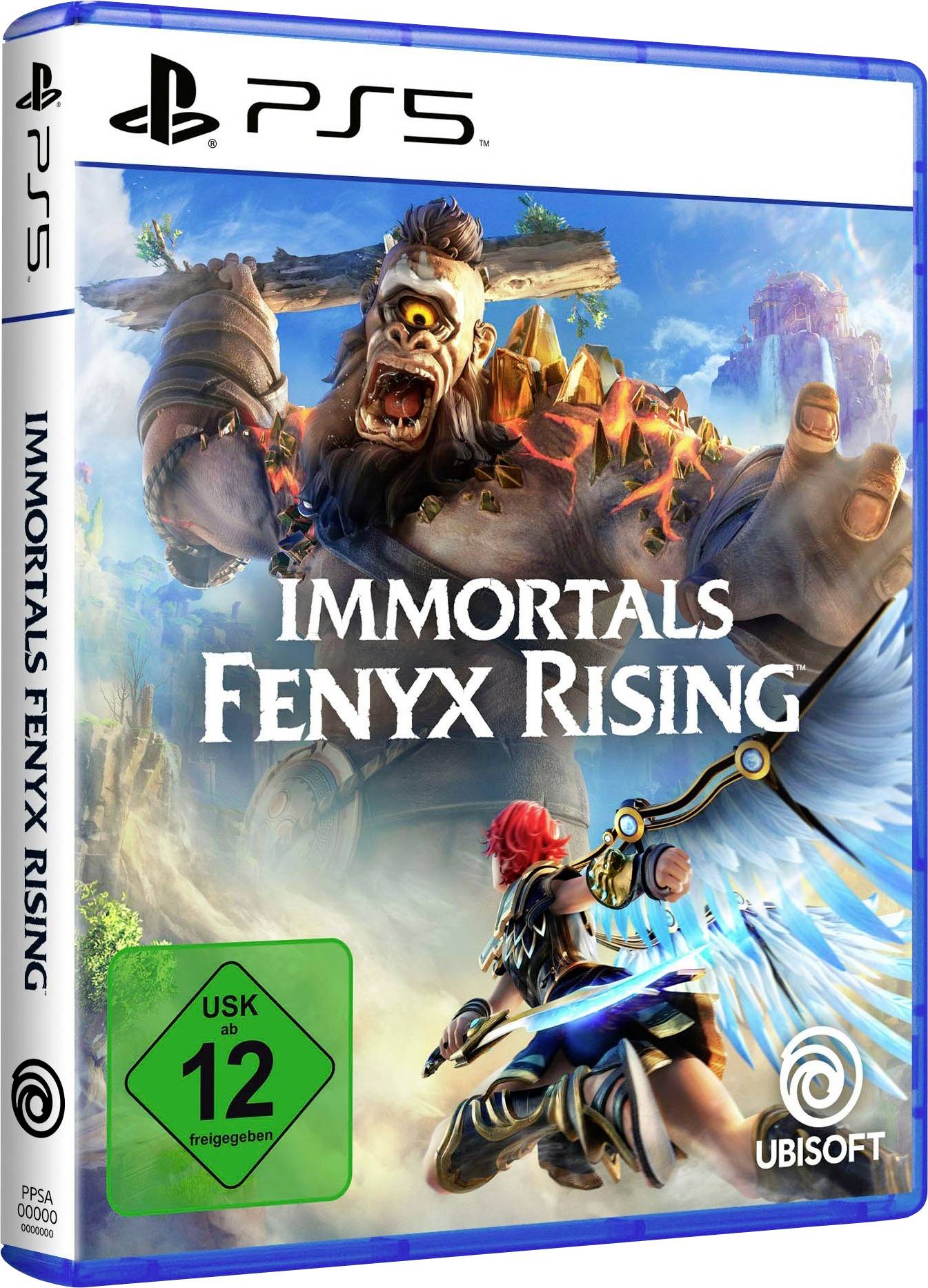'Immortals Fenyx Rising' Video Game for PS5, PEGI 12, shown with powerful monster and battling hero in colourful landscape.