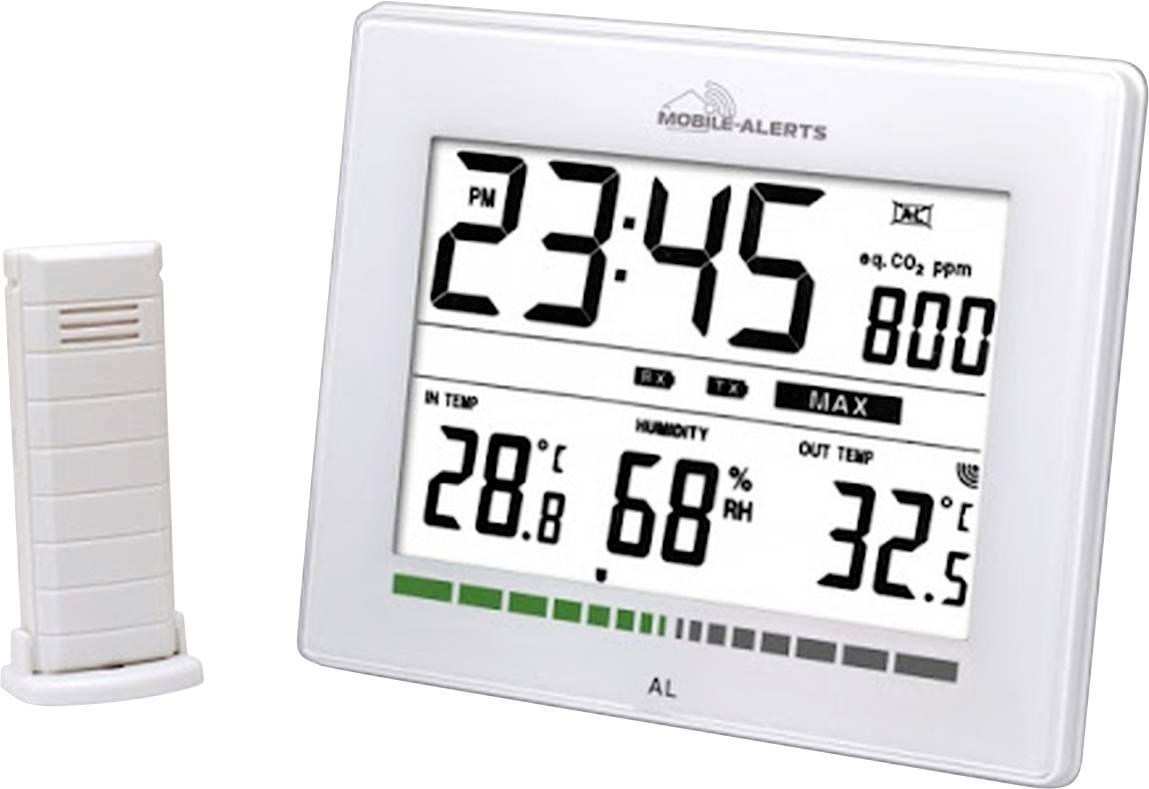 Digital thermometer with hygrometer shows indoor temperature 28.6°C, humidity 68%, outdoor temperature 32.5°C and time 23:45.
