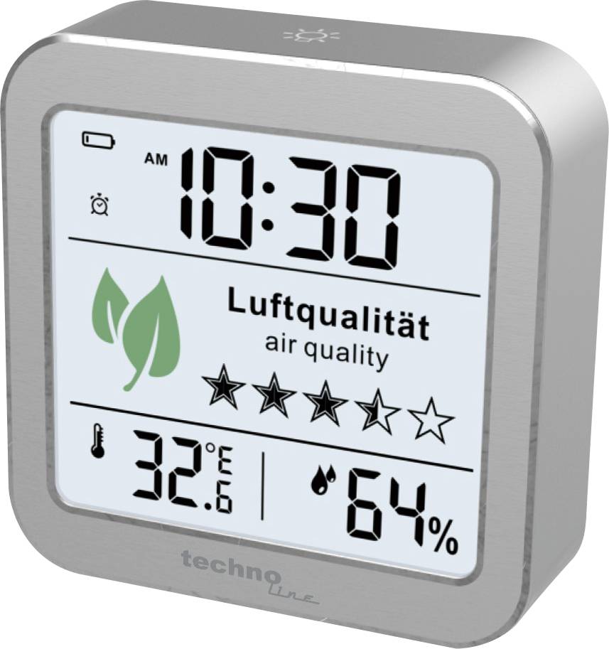 Display of a room climate monitor showing time 10:30, air quality rated 3 out of 5 stars, temperature 32°C and humidity 64%.