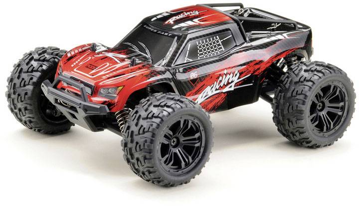 A red and black remote-controlled car with large, chunky tyres, a sporty design, and a robust chassis.