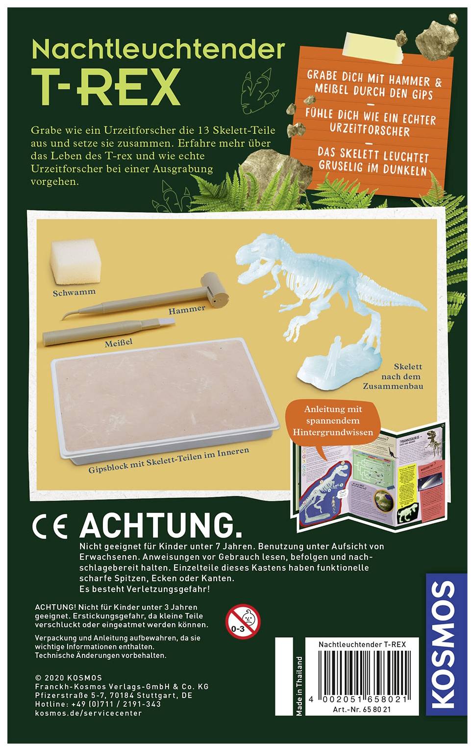 'Night-Luminous T-Rex' Excavation Set for Children Aged 7 and Above. Kit contains skeleton parts to excavate, hammer, chisel and brush.