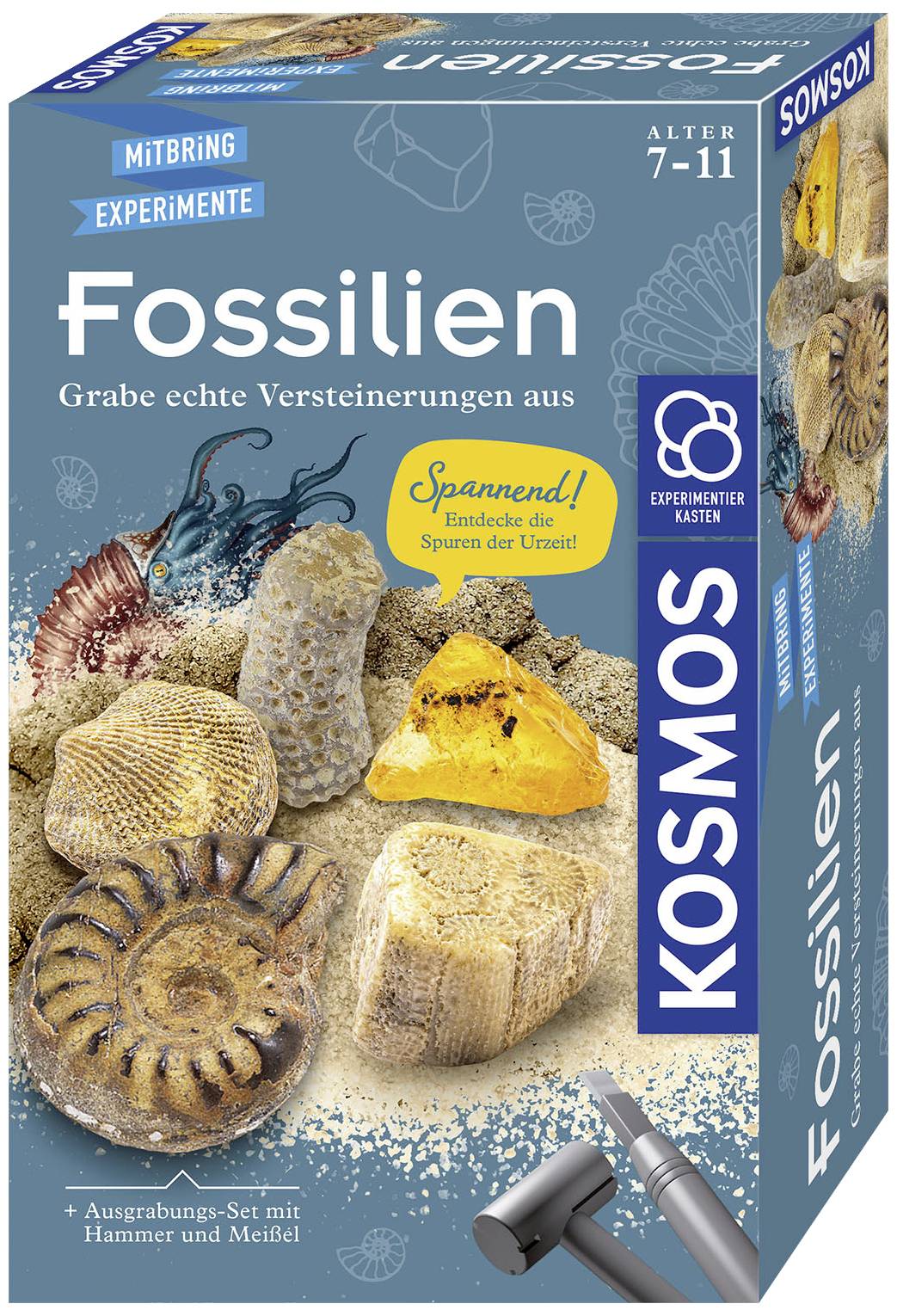 Science kit for children aged 7-11 years with the theme 'Fossils'. Includes tools for excavating genuine prehistoric specimens.