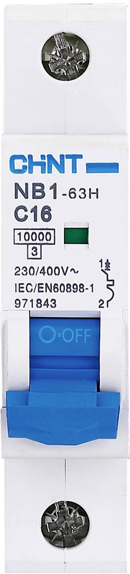 A blue and white circuit breaker by CHINT, Model NB1-63H, C16, rated for 230/400V, displays its switching status and technical specifications.