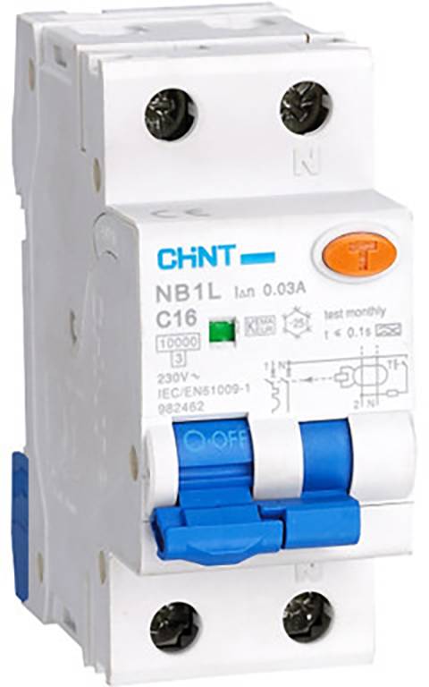 An RCD circuit breaker with blue and white switches, model 'NB1L C16', is used to interrupt electrical circuits in the event of fault currents.